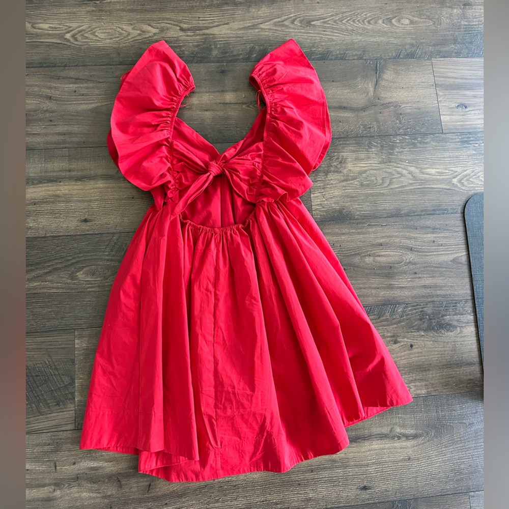Red Ruffle Tie Back Poplin Dress in Red size small - Picture 3 of 4